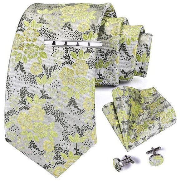 Tie Necktie Clip, Pocket Square Cufflinks Sets Grey Yellow - Picture 1 of 6